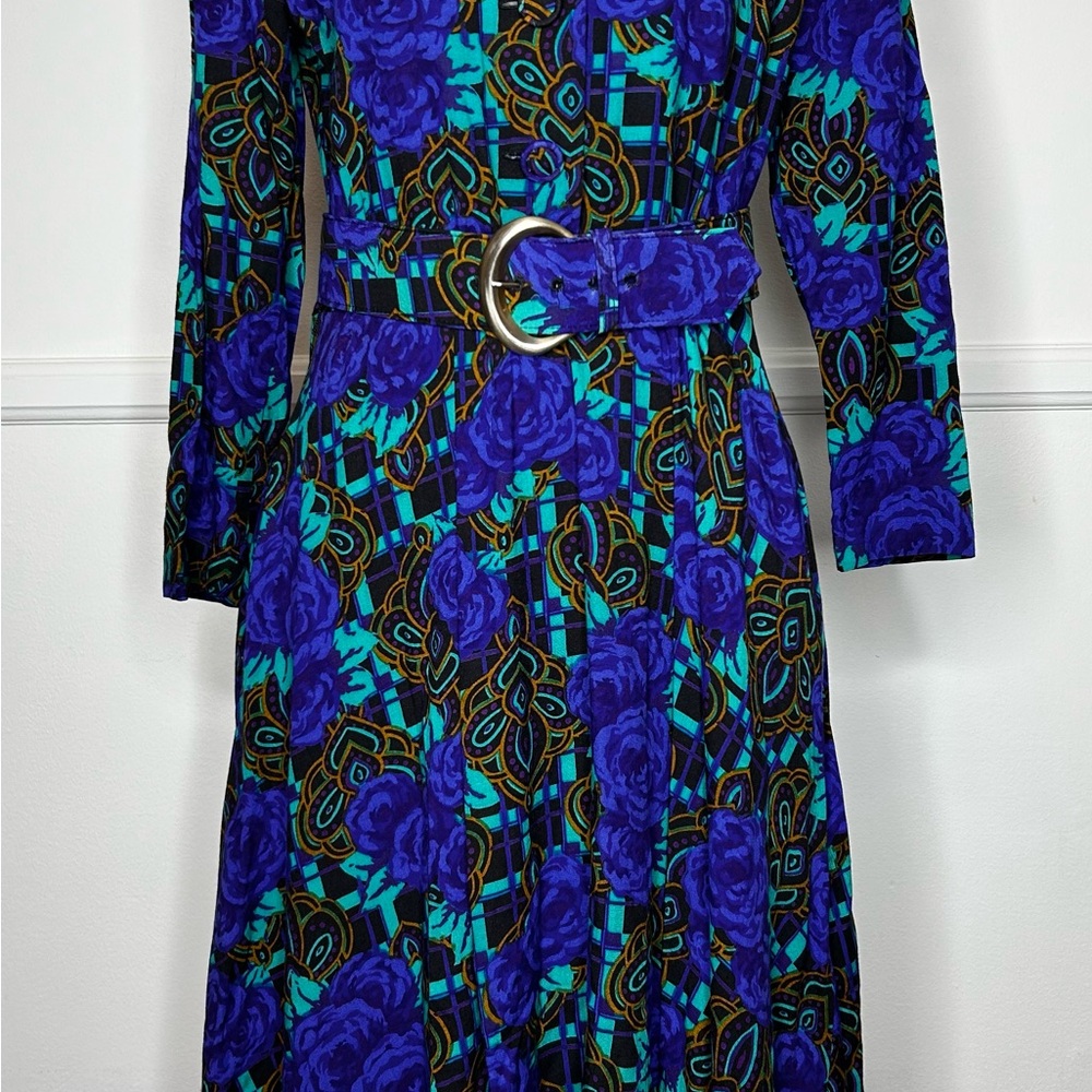Vintage Floral Patterned Dress in Blue and Green